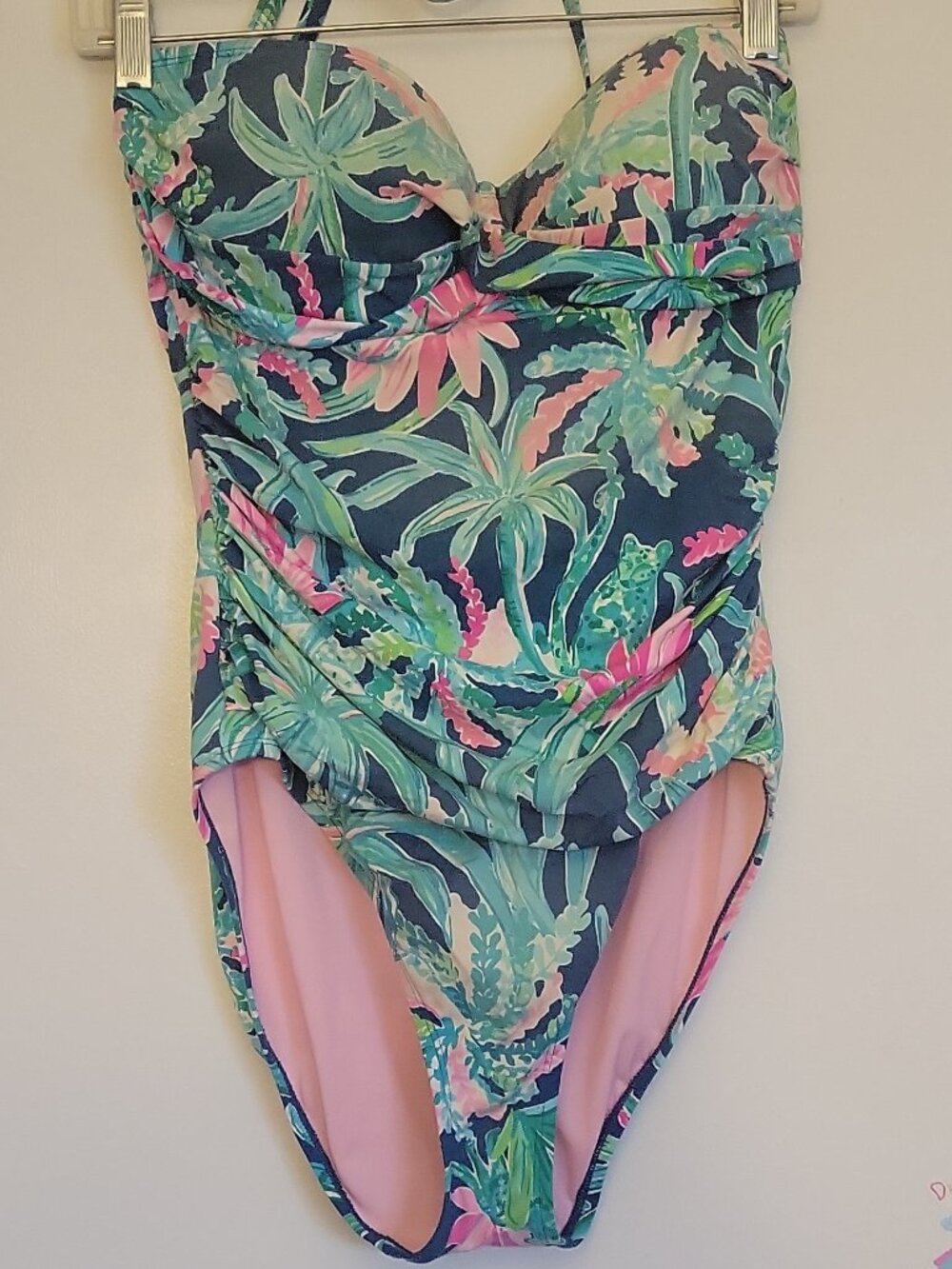 Lilly Pulitzer Floral Tropical One Piece Swimsuit Blue Pink Green Ruched Sz 10